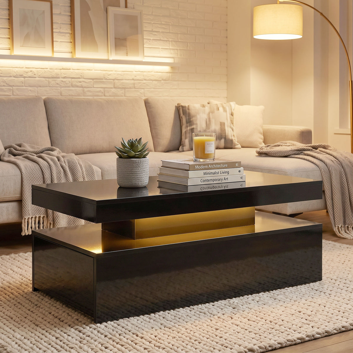 LED Coffee Table with Storage, 2-Tier Modern Center Table with 2 Drawers for Living Room, High Gloss Black