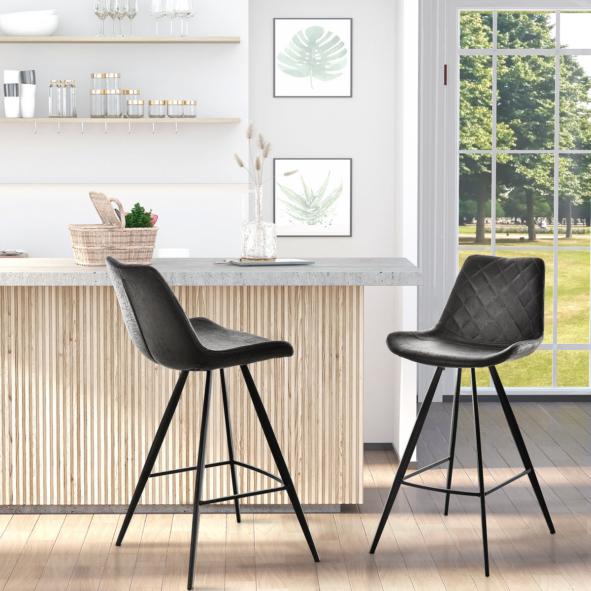 Set of 2 Microfiber Cloth Bar Stools, Multi-functional Kitchen Stools, Bar Chair with Metal Leg Padded Cushion Seat for Dining, Black
