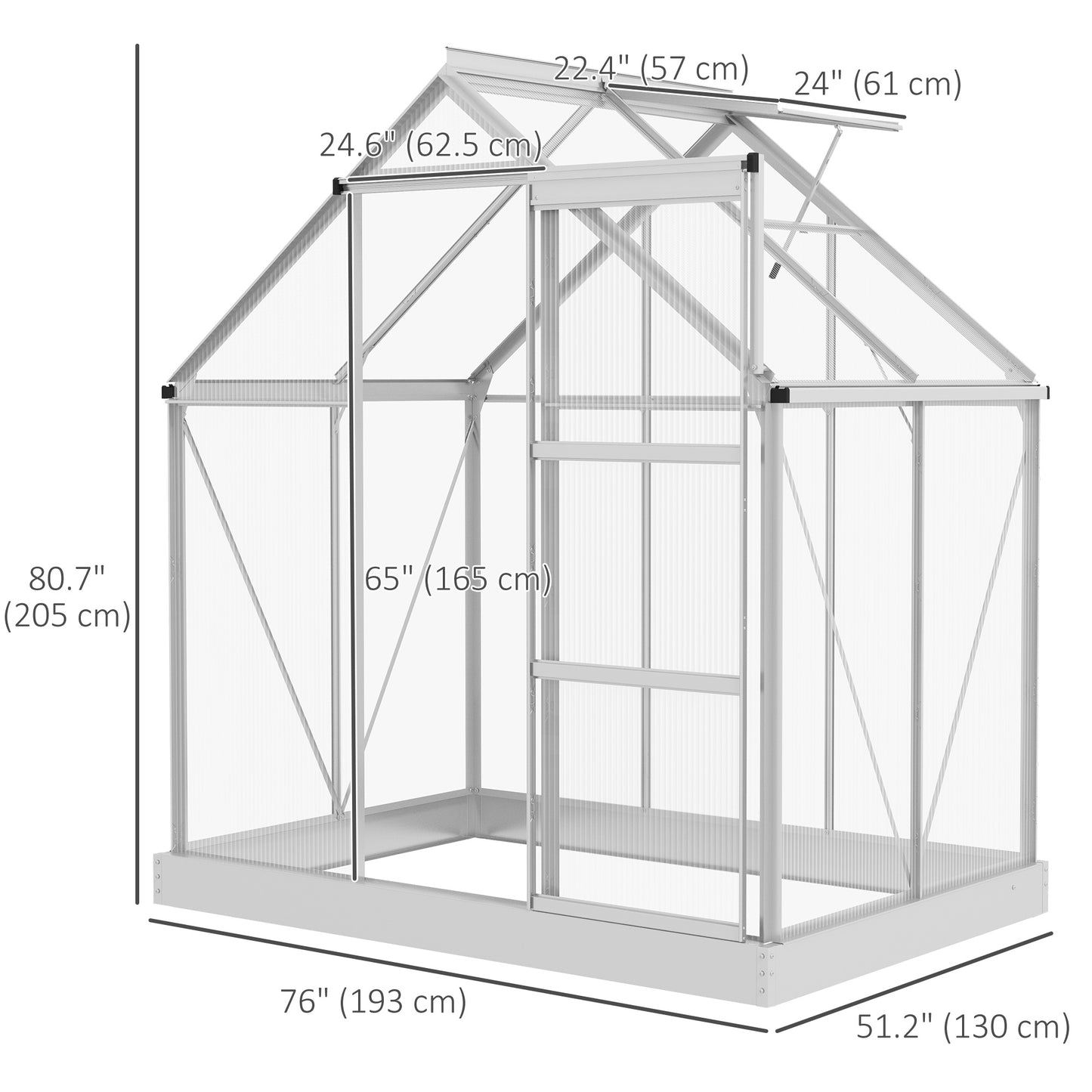 Walk-In Greenhouse, Polycarbonate Greenhouse with Sliding Door, Window, Aluminium Frame, Foundation, Silver
