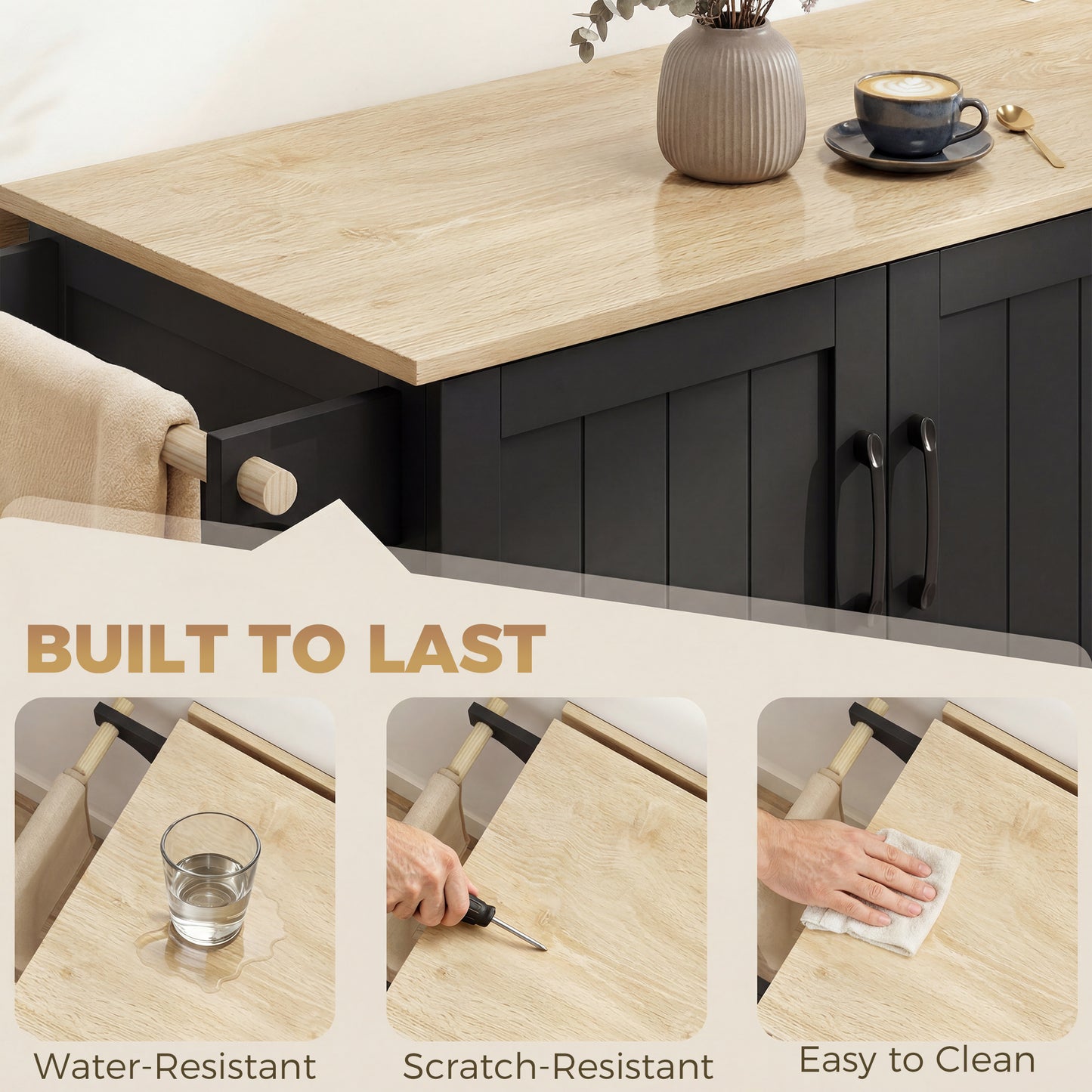 Kitchen Island with Drop Leaf, Rolling Kitchen Cart with Power Outlet, Cabinet, 3 Drawers, Spice Rack, Towel Bar, Black