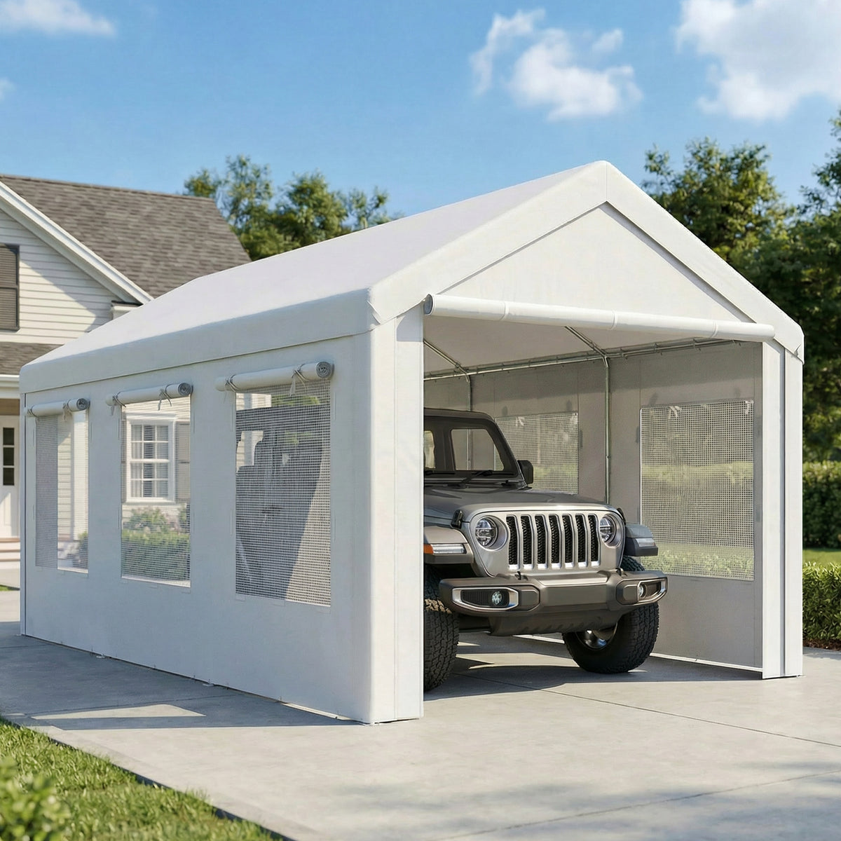 10' x 20' White Heavy Duty Carport with Doors & Windows