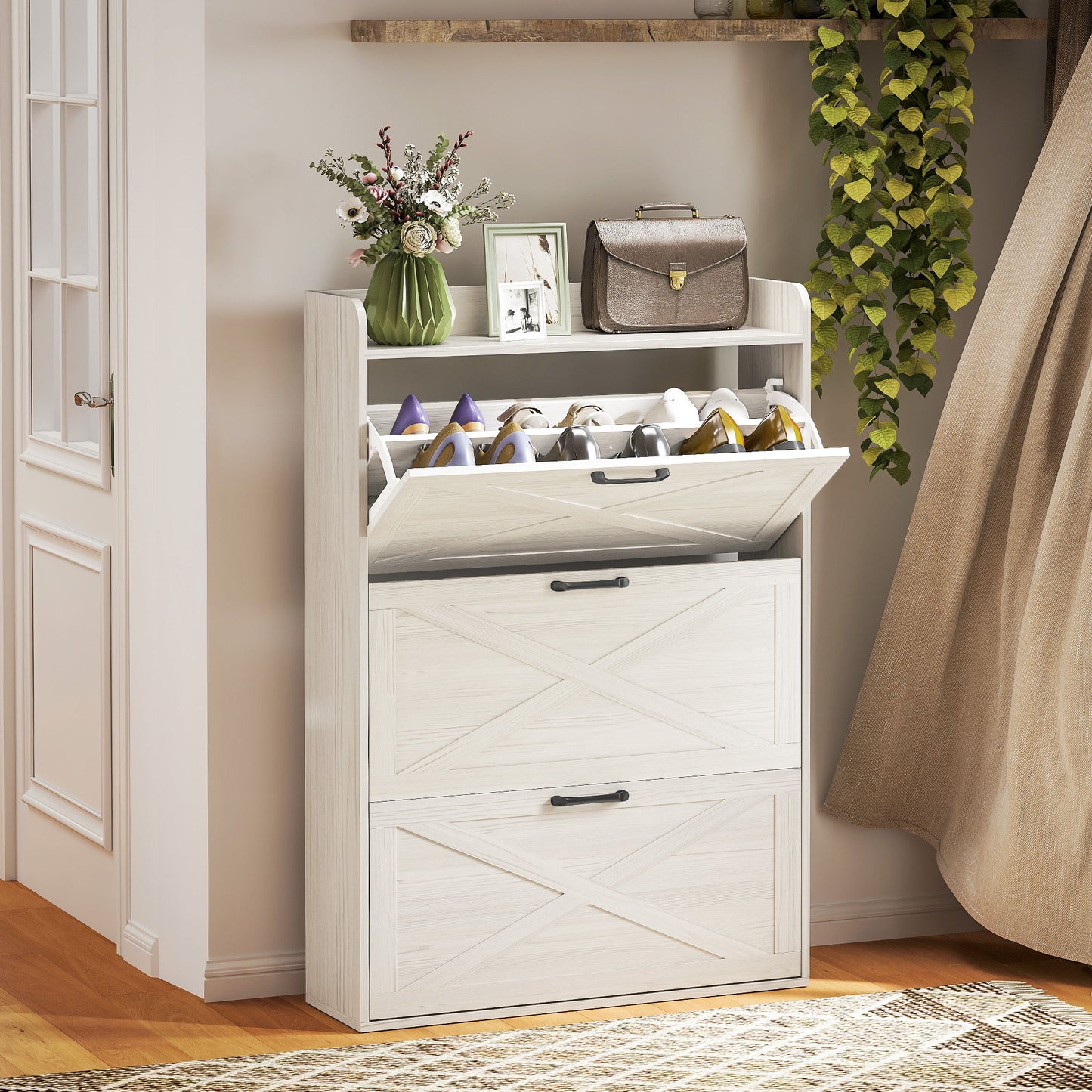 Narrow Shoe Storage Cabinet Farmhouse Shoe Cabinet with 3 Flip Drawers Adjustable Shelves for Entryway White Oak