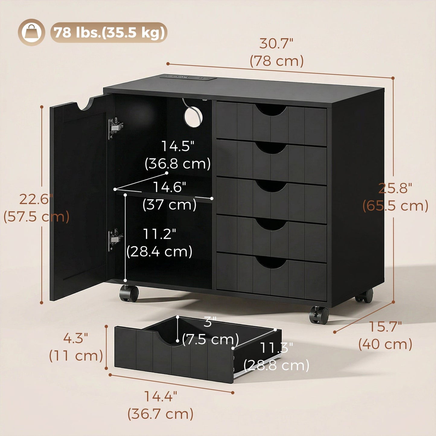 5-Drawer Mobile Lateral Filing Cabinet with Power Outlets - Black