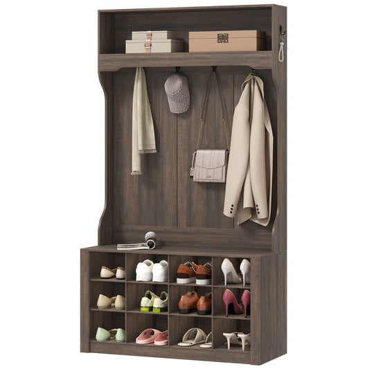 4-in-1 Hall Tree Bench with 12 Shoe Cubbies - Dark Brown