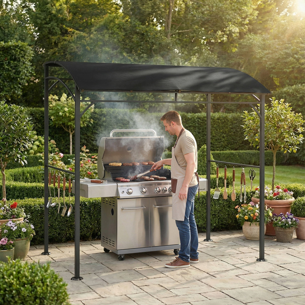 7' x 5' Garden Grill Canopy, BBQ Grill Gazebo Tent with Steel Frame and Hooks, Outdoor Sun Shade, Black