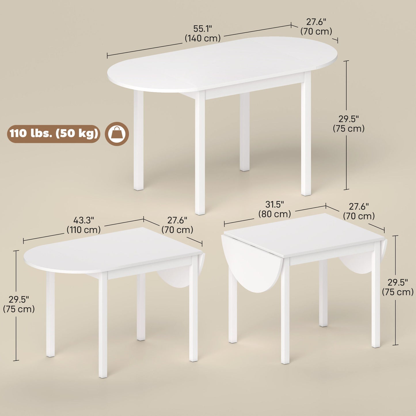 Solid Wood Kitchen Table, Drop Leaf Tables for Small Spaces, Folding Dining Table, White