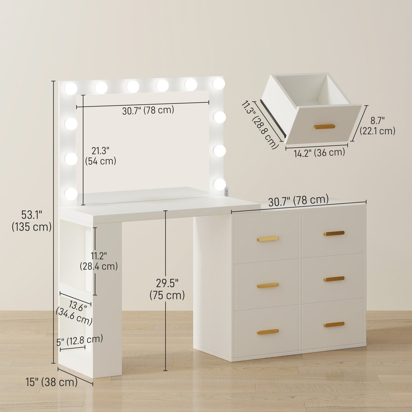 LED Vanity Desk with Mirror and 6 Drawers - White