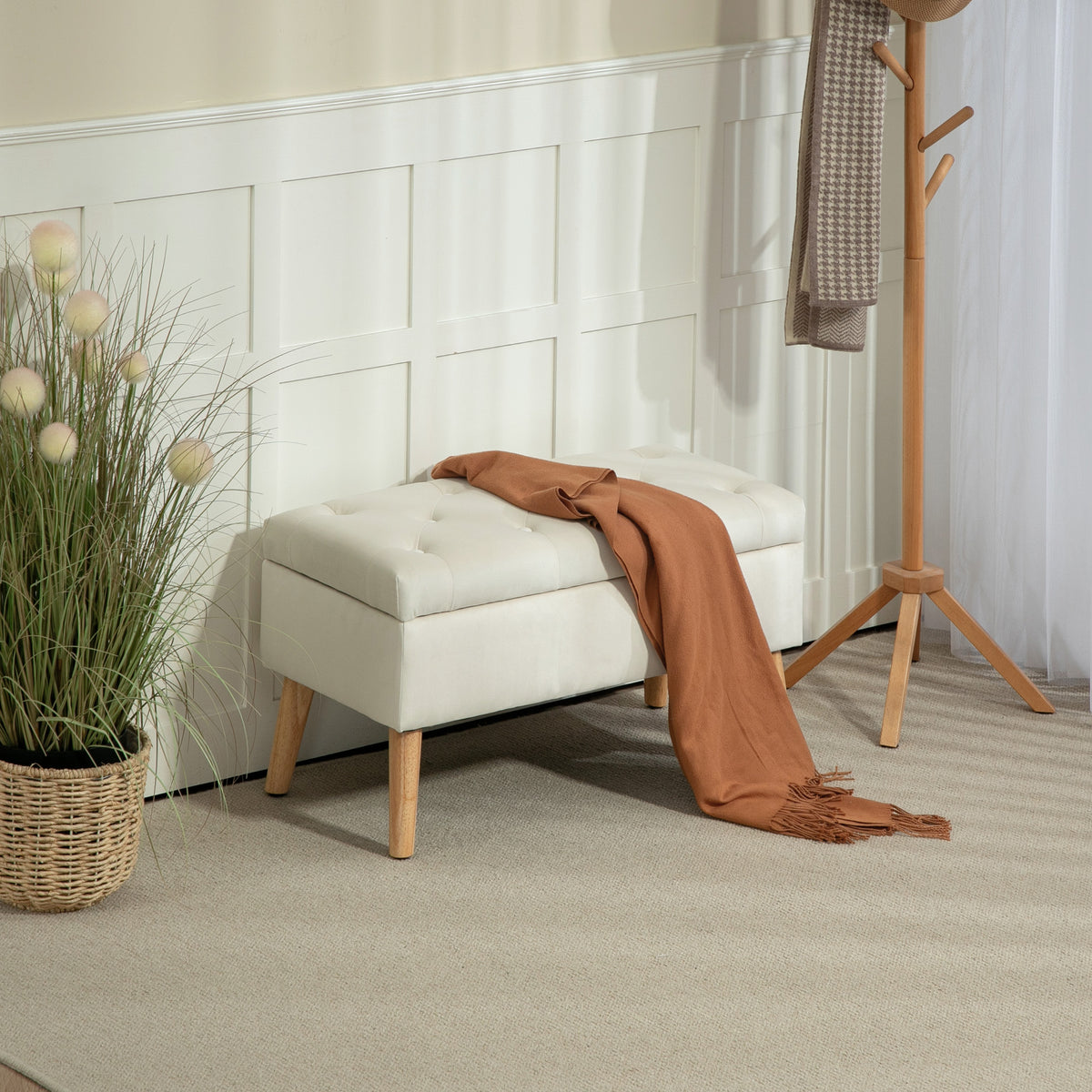 Storage Ottoman with Lid, Velvet Upholstered Storage Bench with Wood Legs for Living Room, Cream White