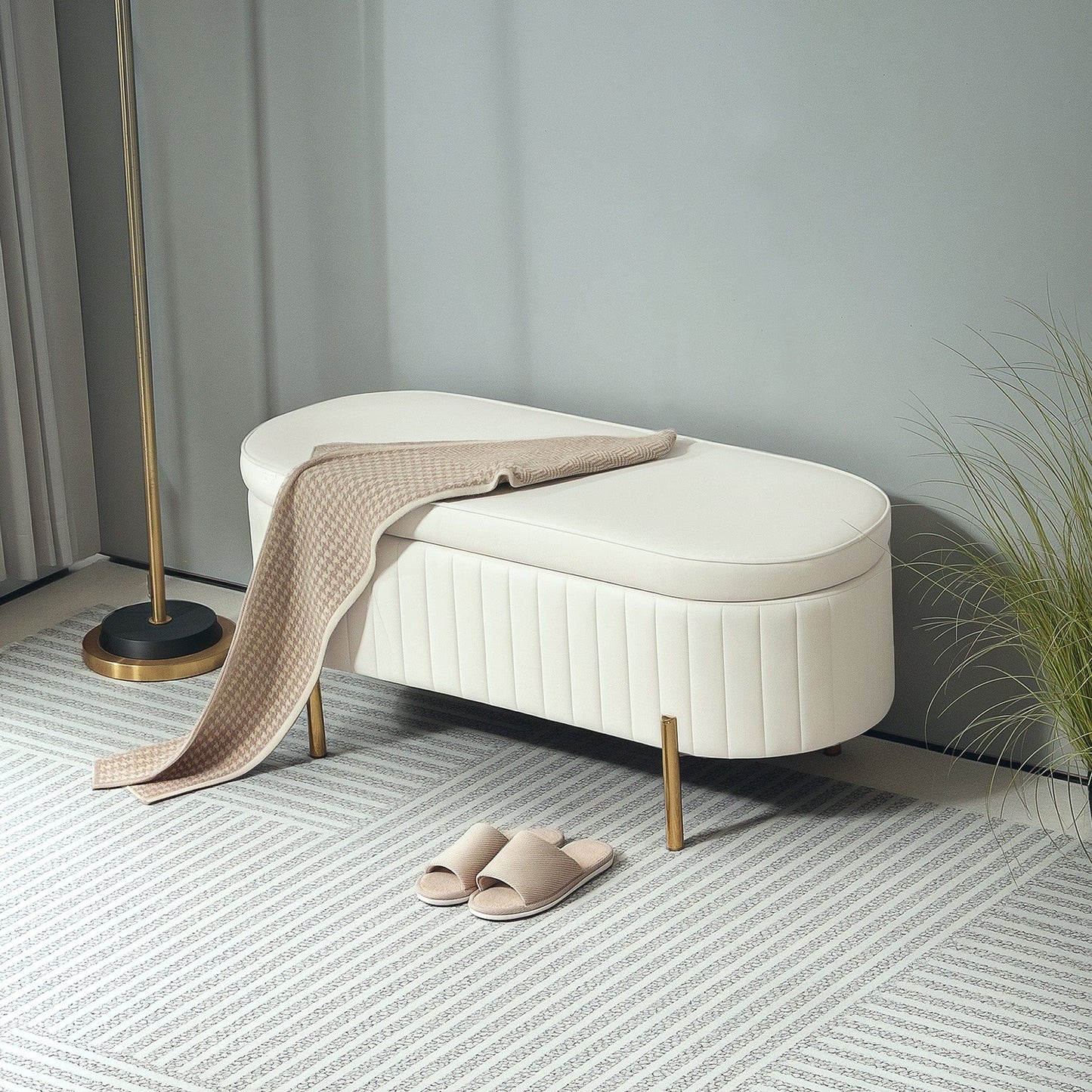 Channel Tufted Upholstered Bedroom Bench - Cream White