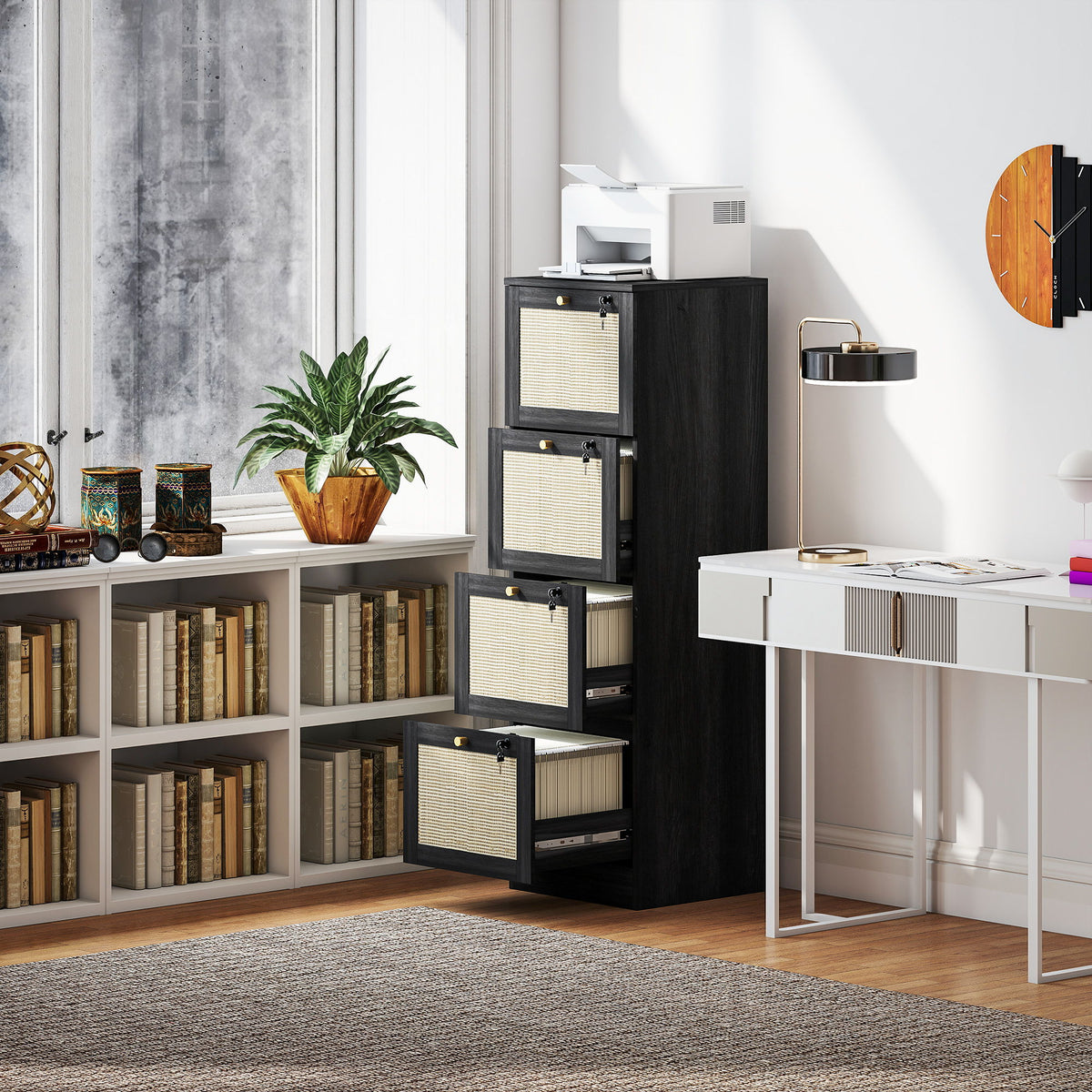 4 Drawer Filing Cabinet with Lock, Boho File Cabinet for A4 Letter Size Files with Decorative Rattan Accents, Black
