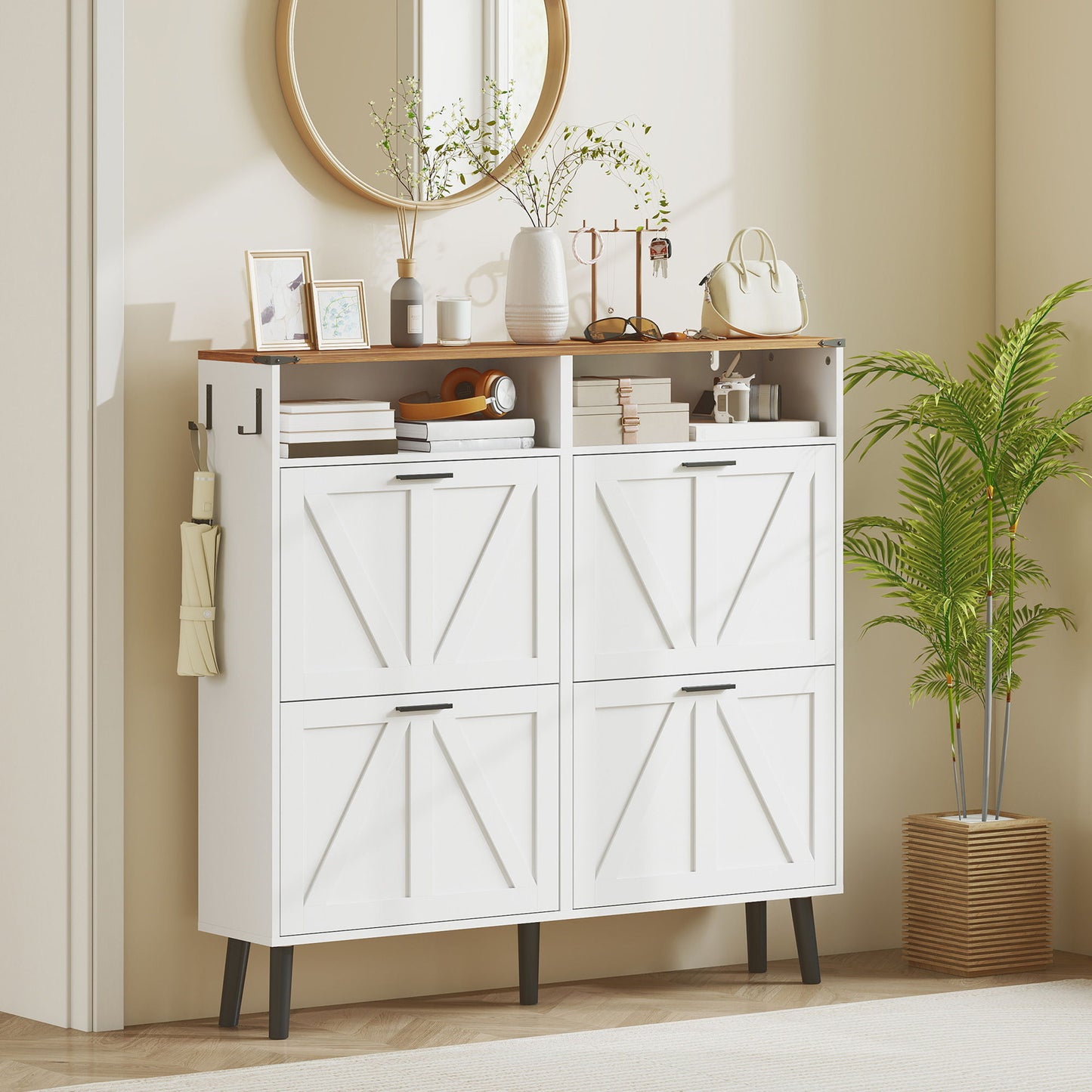 Shoe Storage Cabinet with 4 Flip Drawers, Farmhouse Narrow Shoe Cabinet, Holds Up to 24 Pairs, White