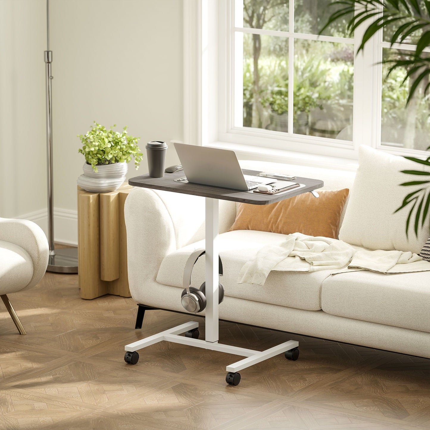 Pneumatic Sit-Stand Desk with Wheels - Grey Wood Grain