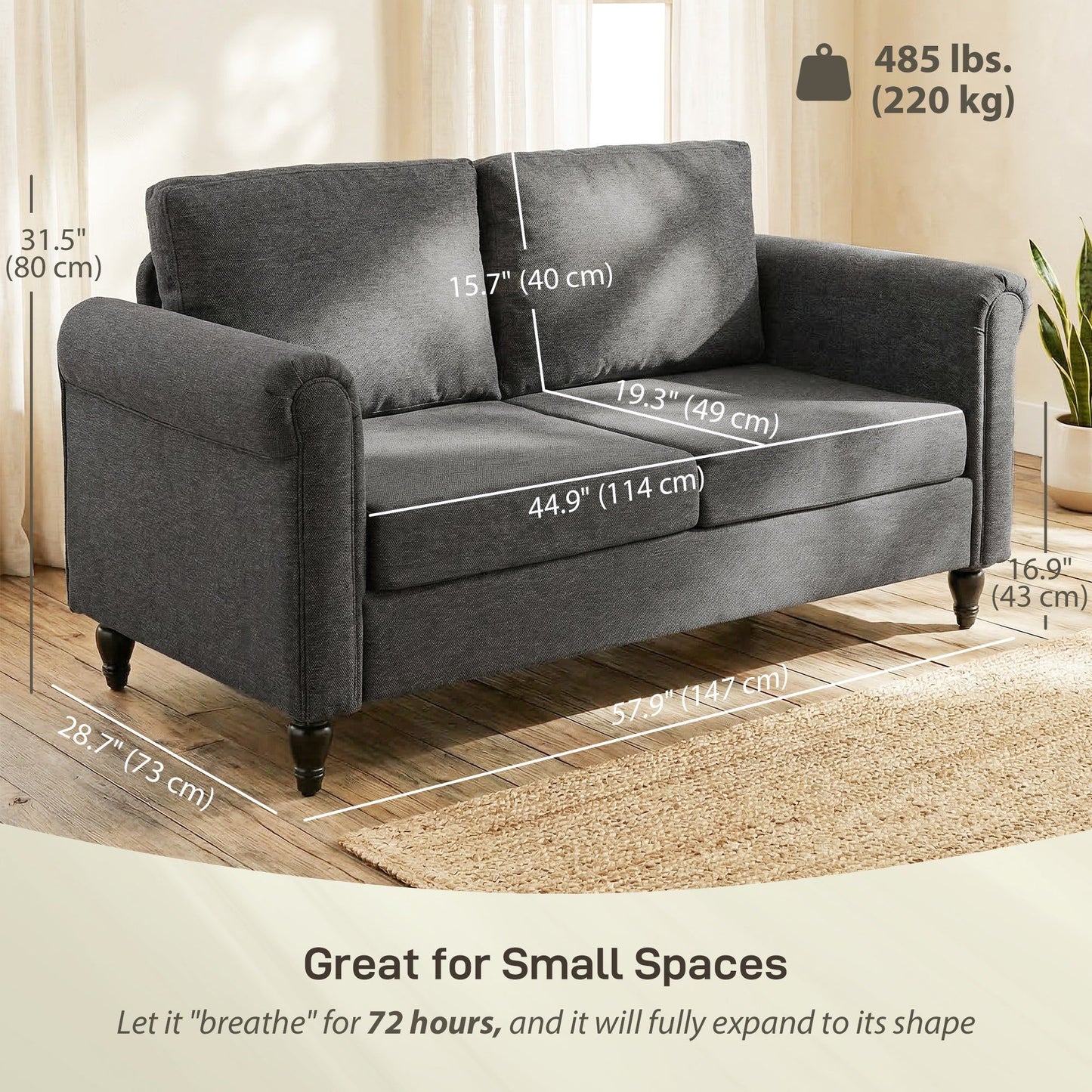 Vintage Chenille Loveseat with Rolled Arms - Dark Grey