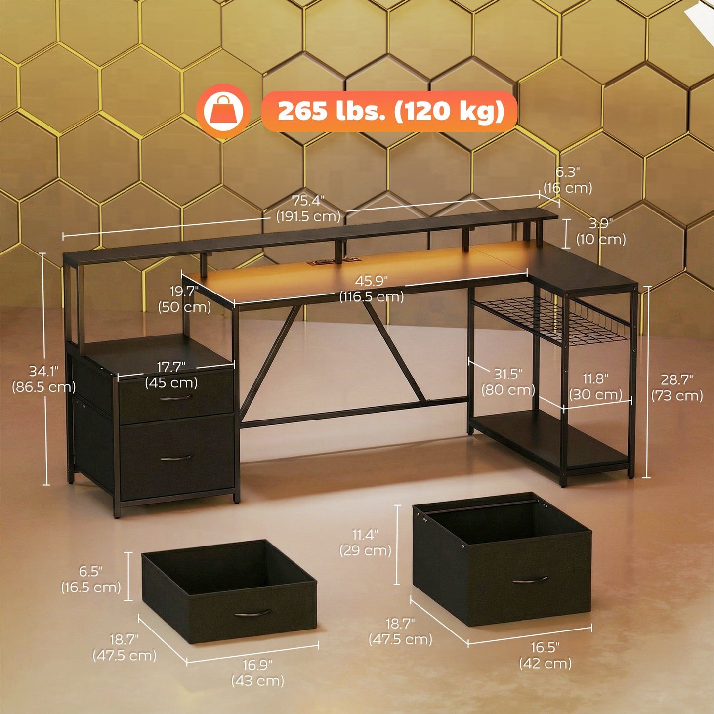 76" Reversible Gaming Desk with RGB Lights and USB - Black