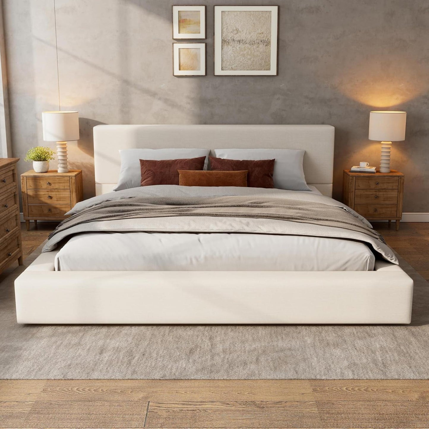 King Size Upholstered Platform Bed with Supportive Slats & Rubber Wood, Soft-Pack Bed with Embedded Frame, 94.5'' L x 88'' W x 37'' H, Beige