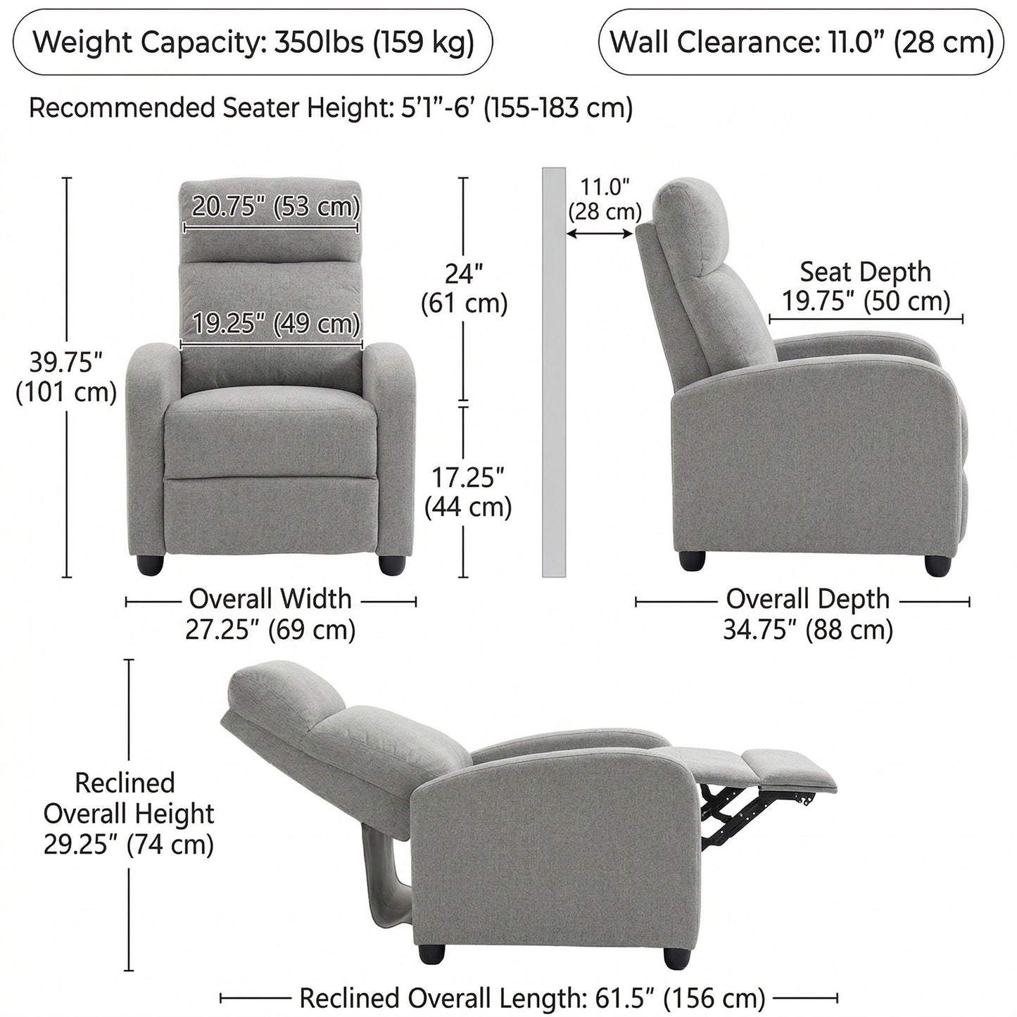 Manual Recliner Sofa Manual Home Theater Seating, Single Linen-Touch Sofa Armchair for Living Room, Light Grey