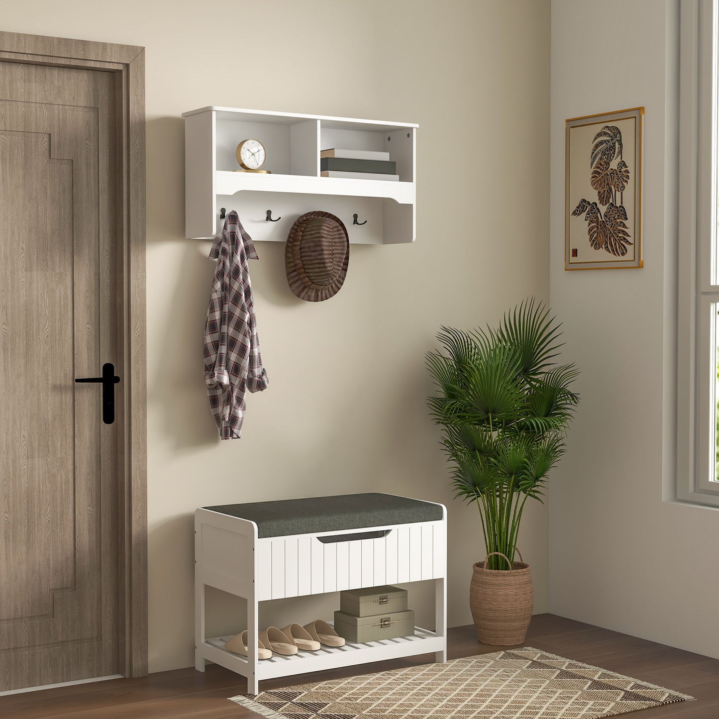 Wall Mounted Coat Rack with Shoe Storage Bench, Hall Tree and Bench, Clothes Hanger Rack with Shelves for Hallway White
