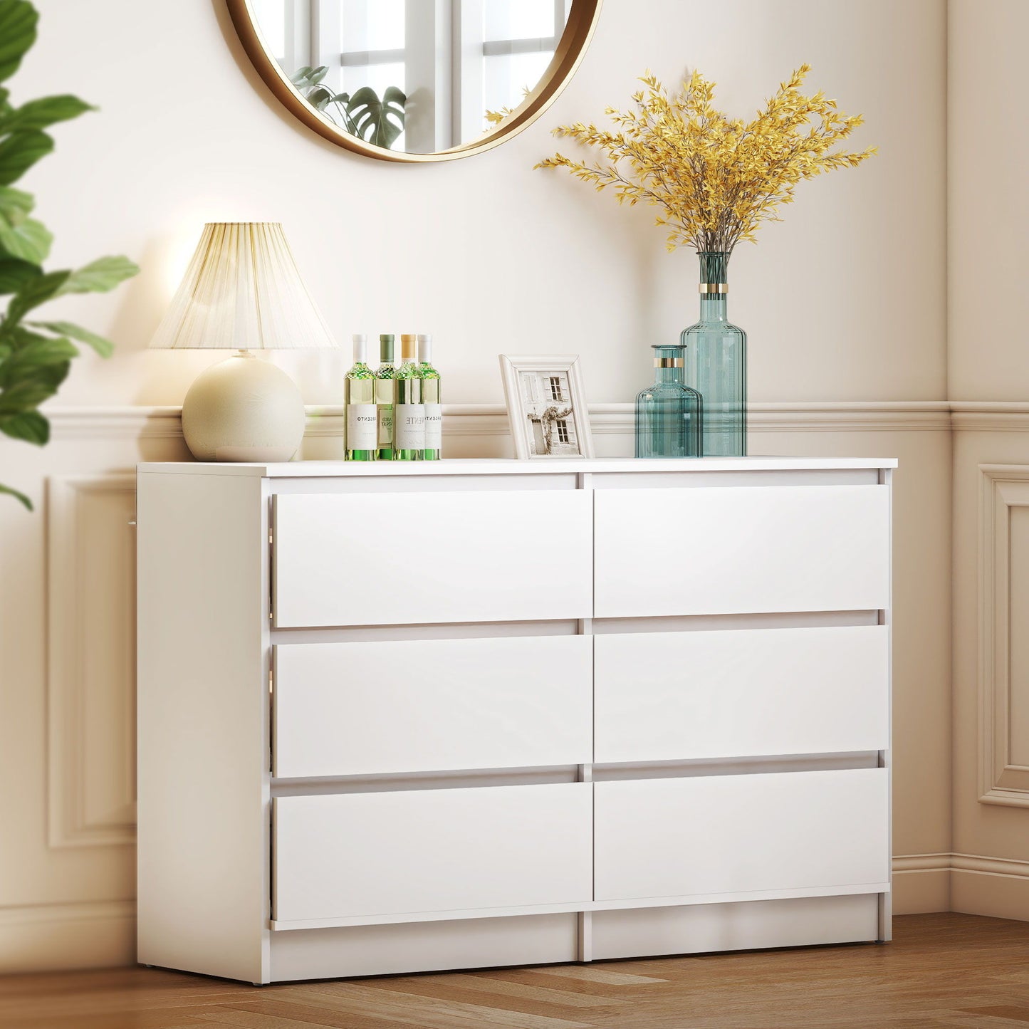 Wide Chest of Drawers, 6 Drawer Dresser for Bedroom, Living Room, Hallway, Modern Clothes Storage Organizer, White