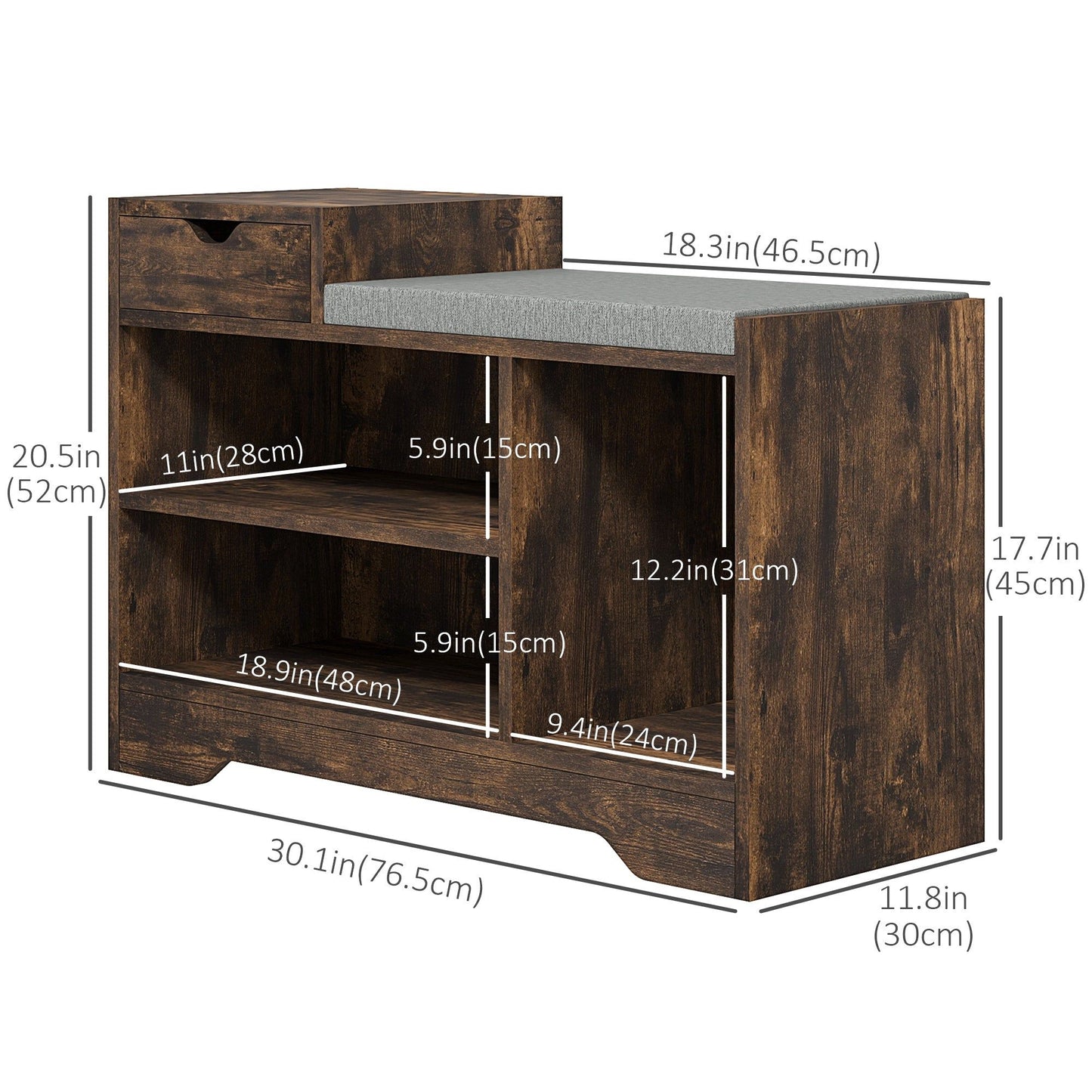 Upholstered Shoe Storage Bench with Drawer - Rustic Brown