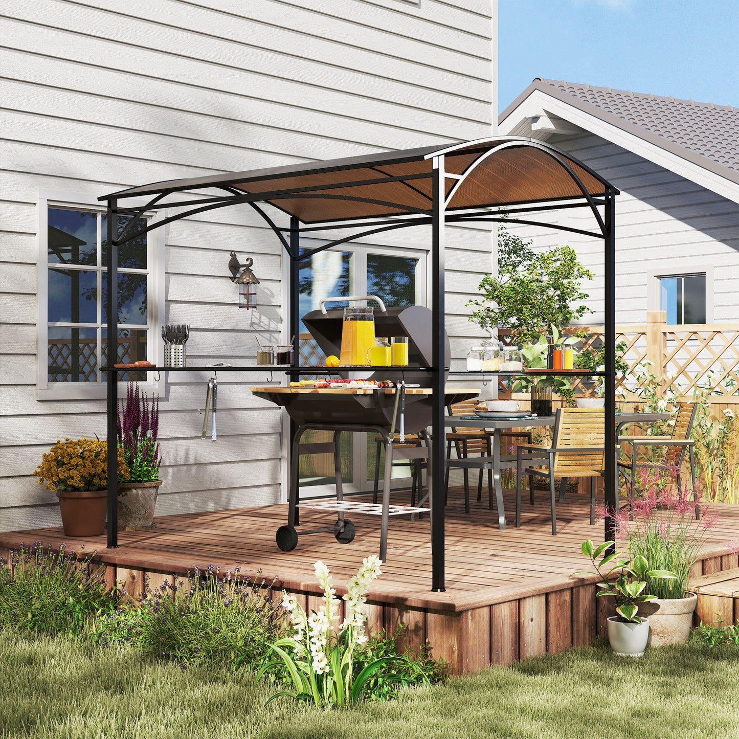 8' x 5' Hardtop Grill Gazebo, Outdoor BBQ Gazebo with PC Board Roof, BBQ Canopy Gazebo with 2 Side Shelves and 10 Hooks