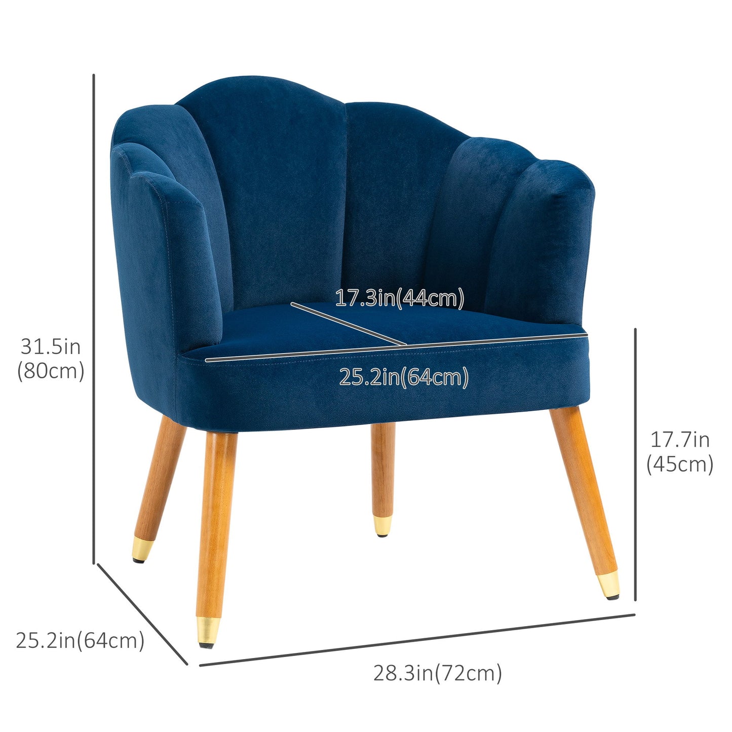 Modern Accent Chairs with Cushioned Seat, Upholstered Velvet Armchair for Bedroom, Living Room Chair with Arms and Wood Legs, Blue