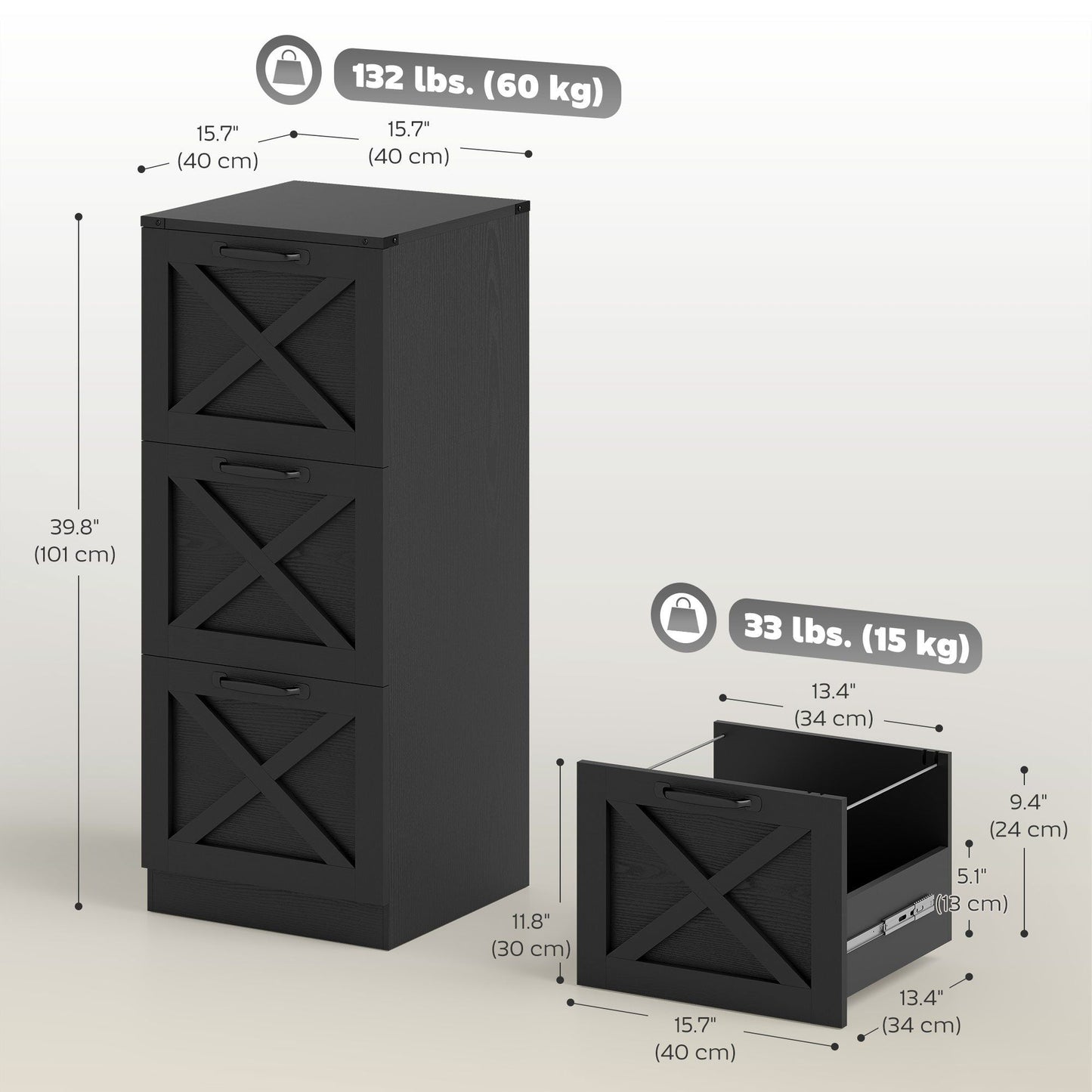 3-Drawer Vertical Filing Cabinet - Black