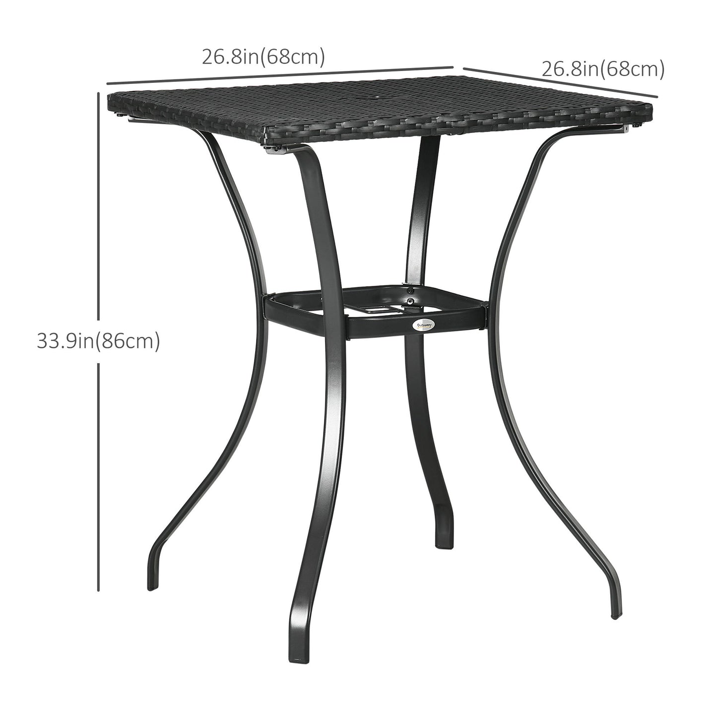 Patio Wicker Dining Table with Umbrella Hole, 34 Inch Outdoor PE Rattan Coffee Table with Plastic Board Under the Woven Table Top for Patio, Garden, Balcony, Black
