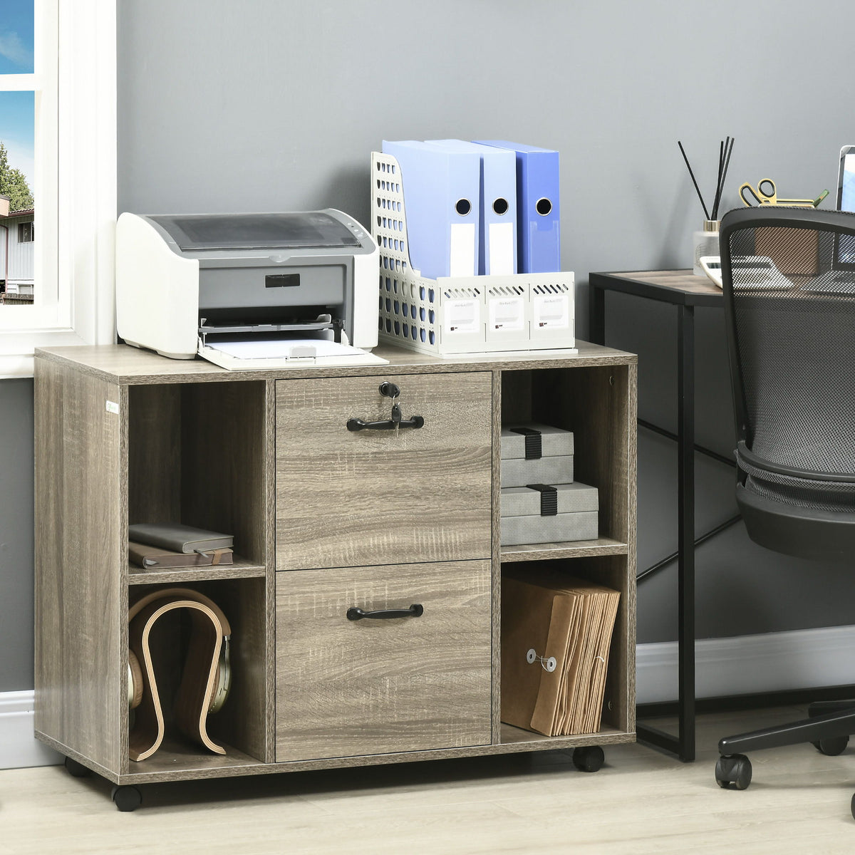 Lateral Filing Cabinet with Wheels and Lockable Drawer, File Cabinet, Mobile Printer Stand with Open Shelves for Letter and A4 Size Documents for Home Office, Grey
