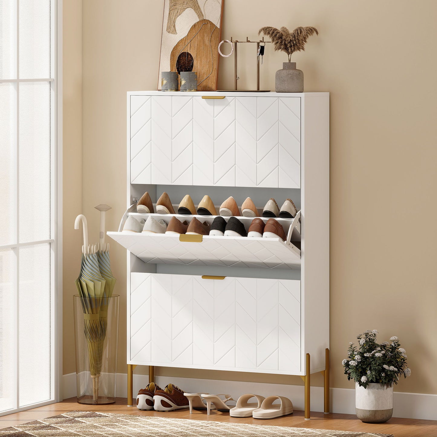 Shoe Cabinet with 3 Flip Drawers, Modern Narrow Shoe Storage Cabinet with Adjustable Shelves, White