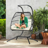 Double Wicker Egg Swing Chair with Stand, Foldable Hanging Egg Chair with UV Resistant Cushion, Headrest, Cream White