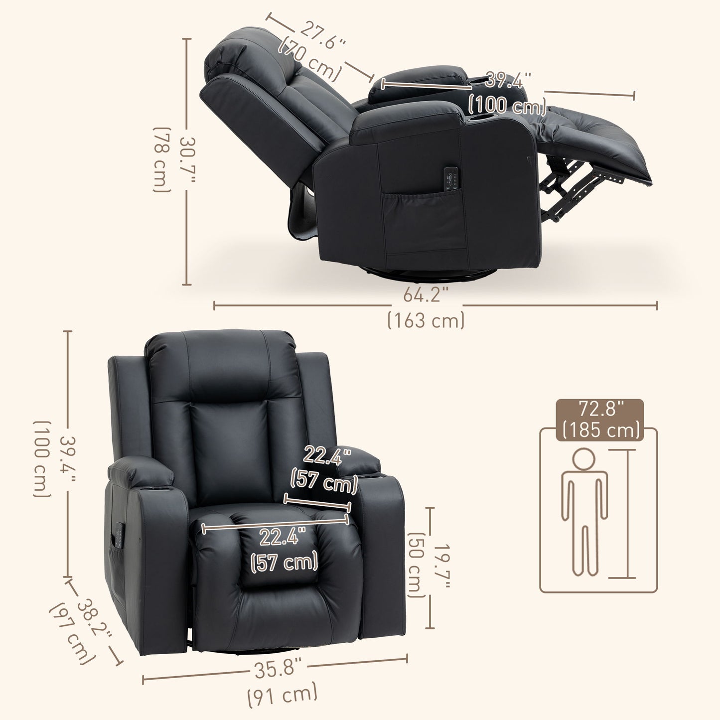 Swivel Massage Recliner Chair Rocker, Overstuffed Manual Reclining Sofa, PU Leather Rocking Chair with Side Pockets, Cup Holders, for Living Room, Nursery, Black