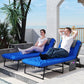 2 Pieces Folding Lounge Chairs with 4-level Reclining Back, Outdoor Tanning Chair with Cushion, Sun Lounger with Breathable Mesh Fabric, Side Pocket, Headrest, Blue