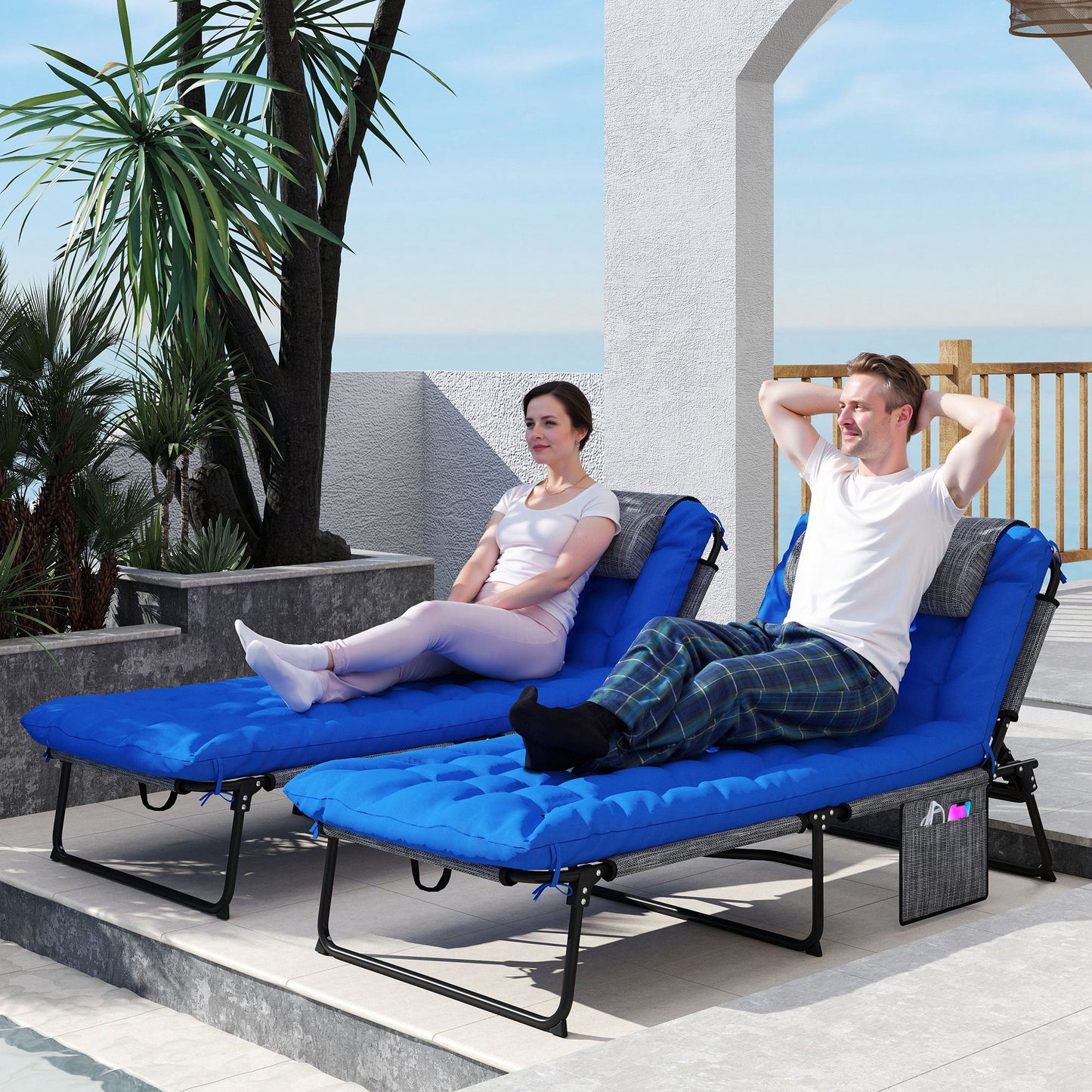 2 Pieces Folding Lounge Chairs with 4-level Reclining Back, Outdoor Tanning Chair with Cushion, Sun Lounger with Breathable Mesh Fabric, Side Pocket, Headrest, Blue