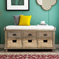 Rustic Storage Bench with 3 Drawers and Rattan Baskets, Acacia Wood Shoe Bench for Entryway, 42" L x 15.5" W x 19" H, White+Wood