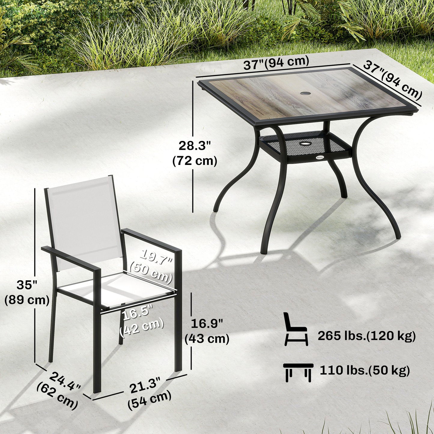 5 Piece Outdoor Patio Dining Set, Dining Table and 4 Stackable Chairs with Umbrella Hole, Shelf