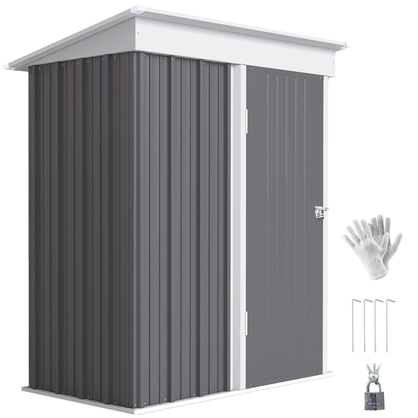 Outdoor Storage Shed, Steel Lean-to Shed with Adjustable Shelf, Lock, Gloves, 5'x3'x6', Grey