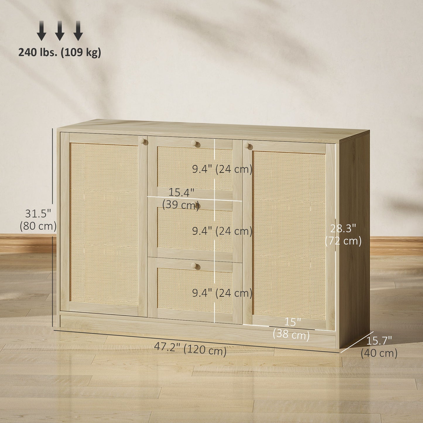Boho Sideboard Buffet Cabinet, Kitchen Coffee Bar Cabinet with 3 Drawers, 2 Adjustable Shelves and 4 Racks, Natural