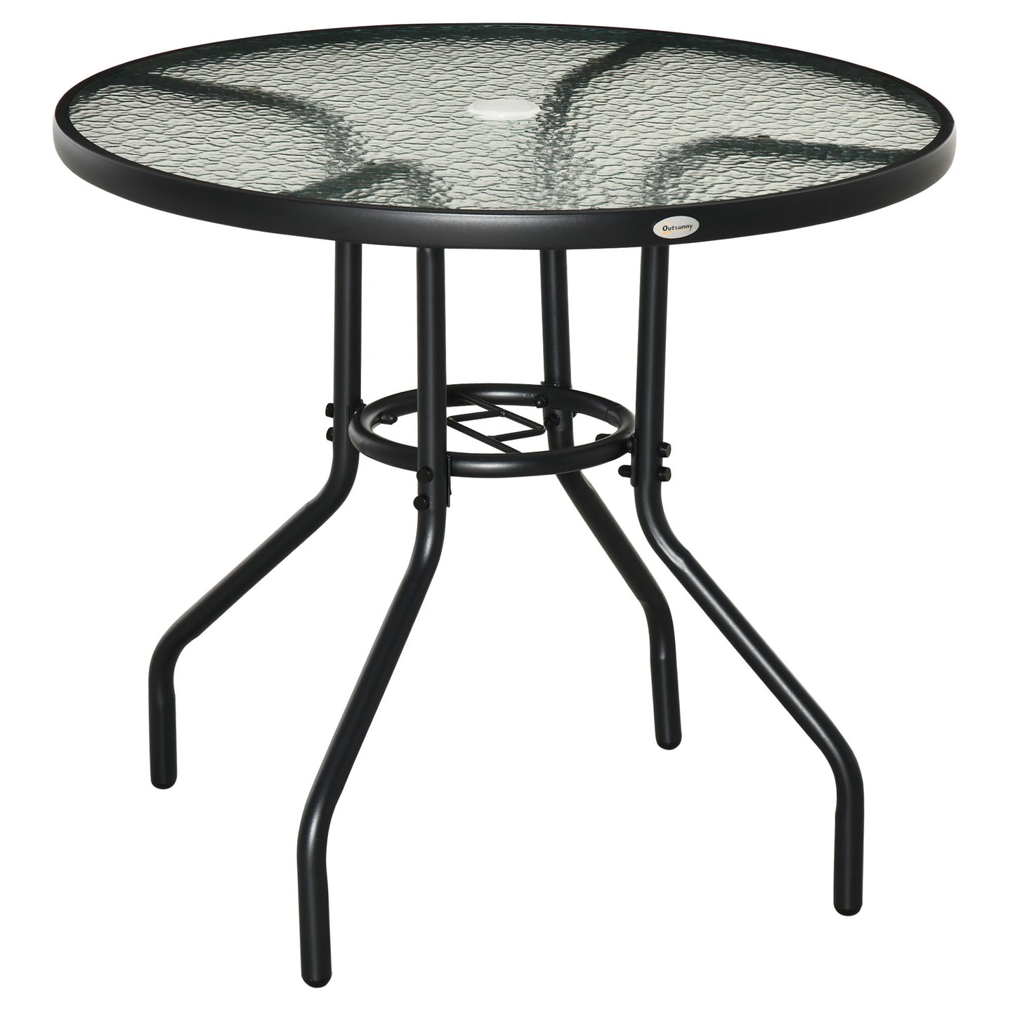 31.5" Round Outdoor Dining Table Coffee Side Bistro Table with Umbrella Hole, Glass Top, Steel Frame for Garden, Patio