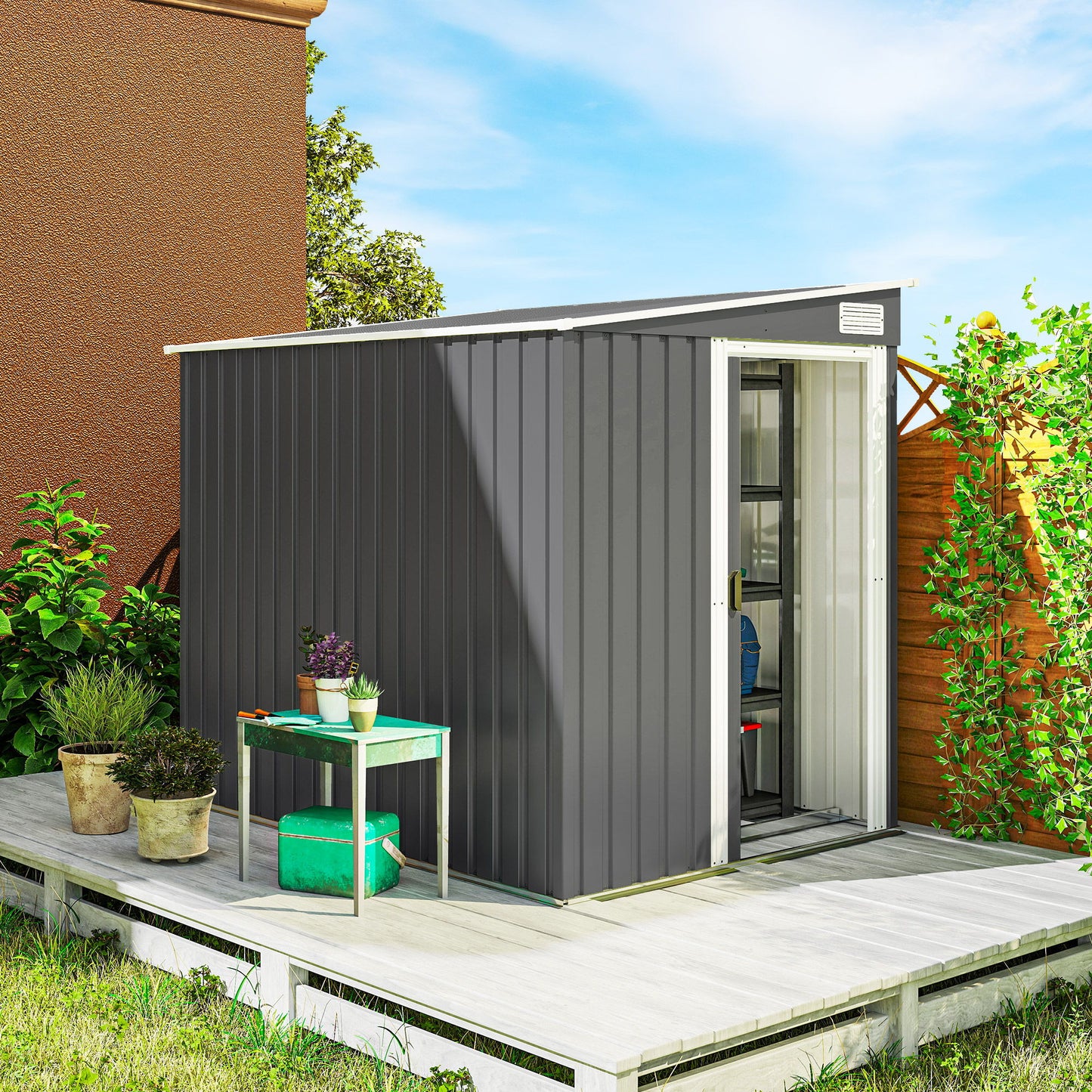 5'x7' Lean to Galvanized Metal Shed with Foundation, Garden Tool Storage House with Sliding Door and 2 Vents, Dark Grey