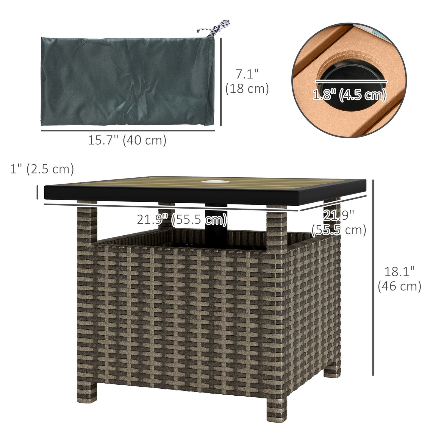 22" Square Steel PE Rattan Wicker Table With Umbrella Hole, Outdoor Patio Accent Dining Side Table Used as Umbrella Stand, Mixed-Grey