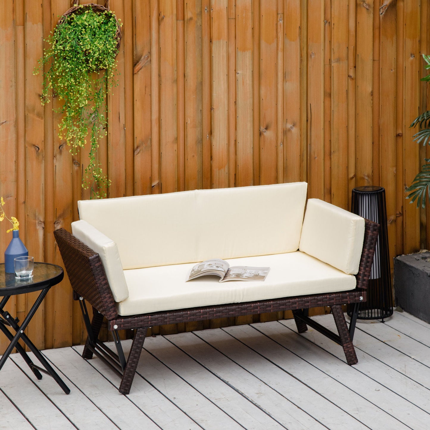 Convertible Rattan Sofa Bed Chaise Lounge Wicker Loveseat Armchair Double Seat with Cushion All Weather Patio Furniture Brown