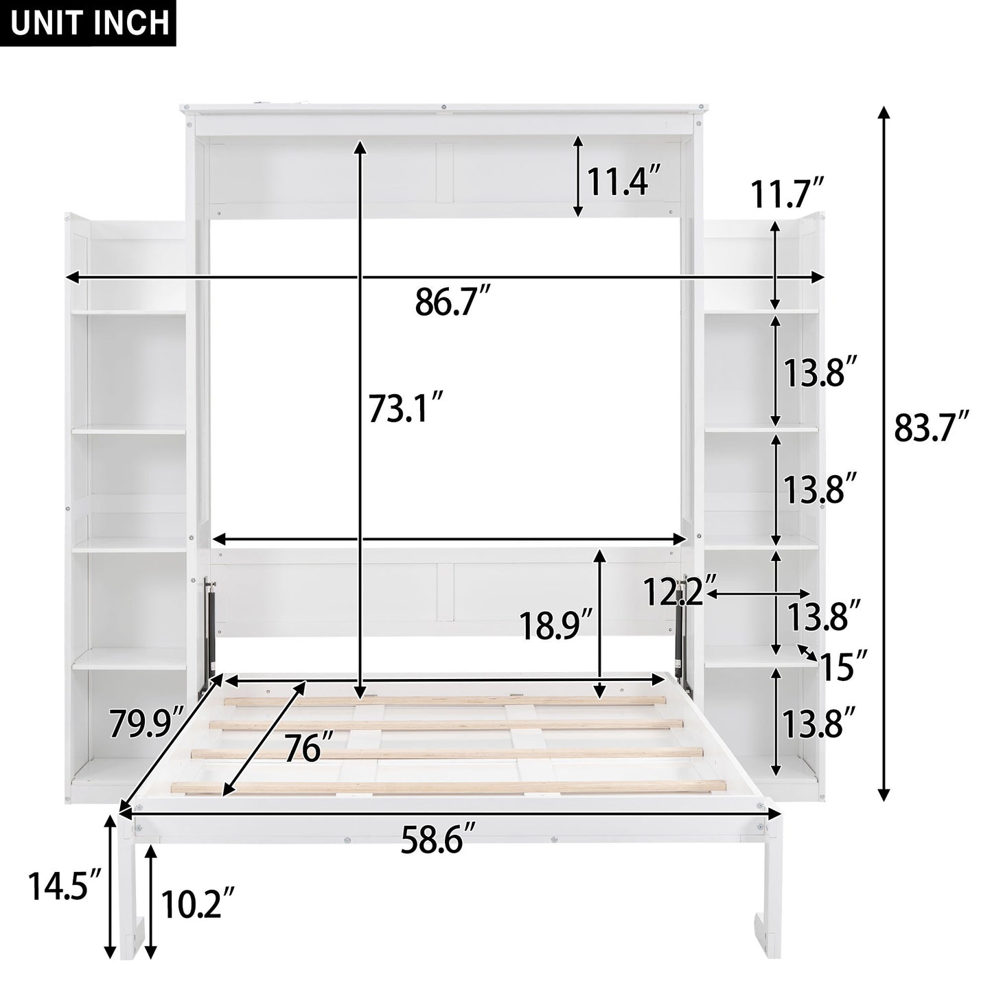 Full Size Murphy Bed with Shelves and LED Lights, Space-Saving Wall Bed with Flexible Slats, 87" L x 81" W x 83.5" H, White