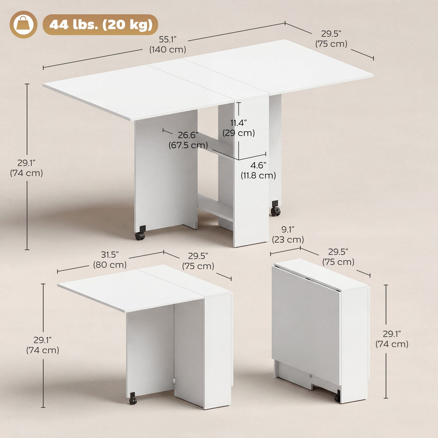Extendable Dining Table, Collapsible Folding Table w/ 2-tier Shelves and Rolling Casters, White