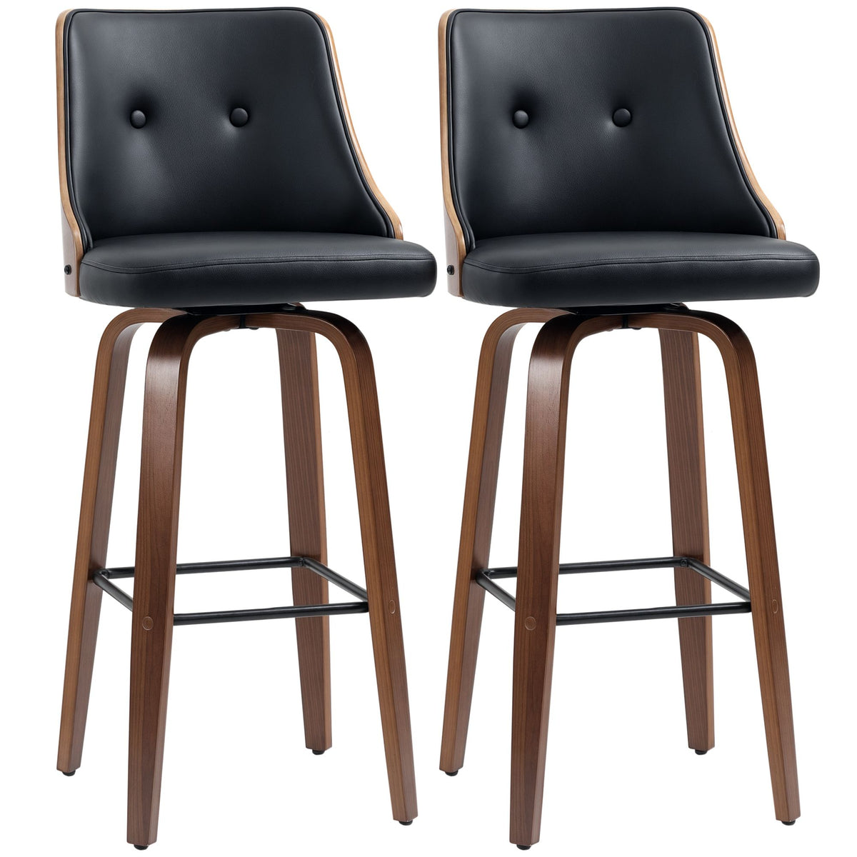 Bar Height Bar Stools Set of 2, PU Leather Upholstered Swivel Barstools with Solid Wood Legs Footrest and Tufted Back, Black