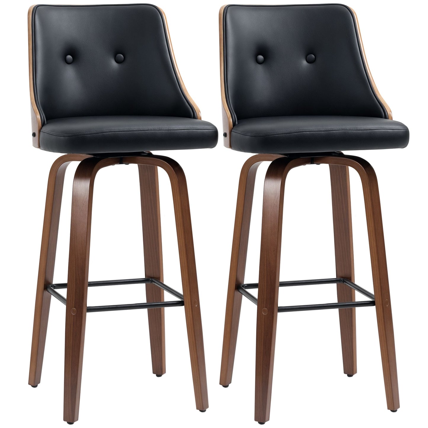 Bar Height Bar Stools Set of 2, PU Leather Upholstered Swivel Barstools with Solid Wood Legs Footrest and Tufted Back, Black