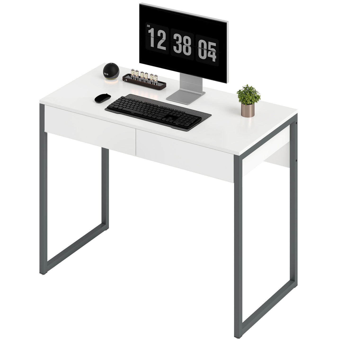 High Gloss Home Office Desk, 39" x 20" Computer Desk with 2 Drawers for Small Spaces, White and Grey