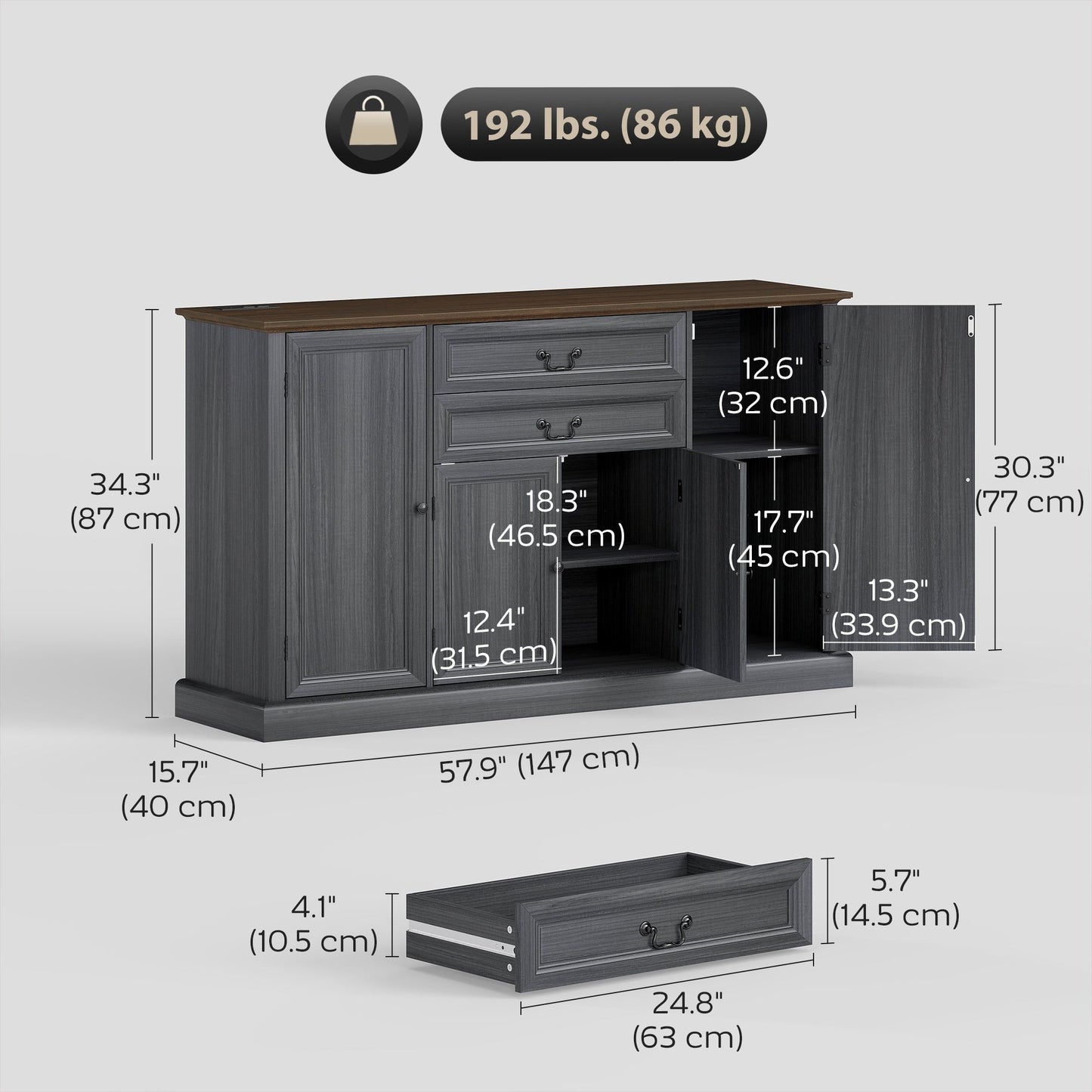 58" Farmhouse Sideboard with Charging Station - Black