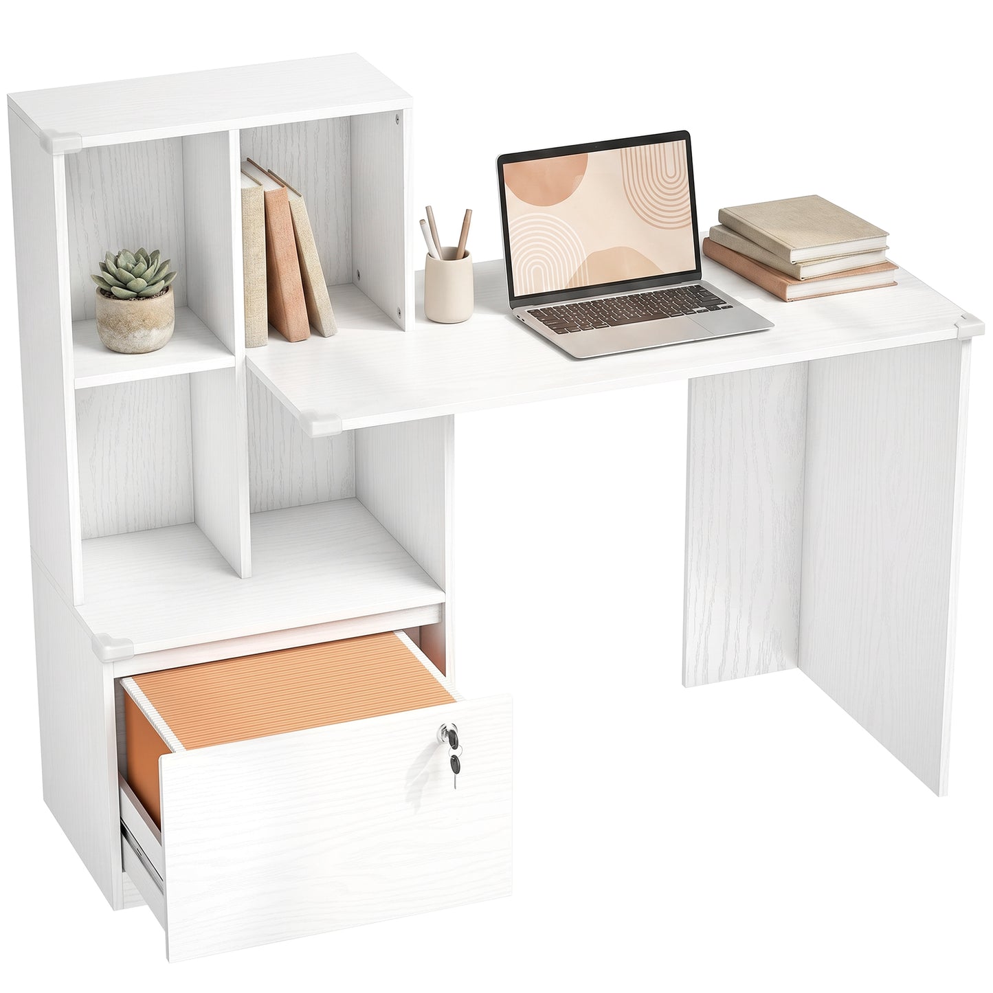 Computer Desk, Office Desk with Bookshelf, File Drawer and Legal Hanging File Holders, White Wood Grain