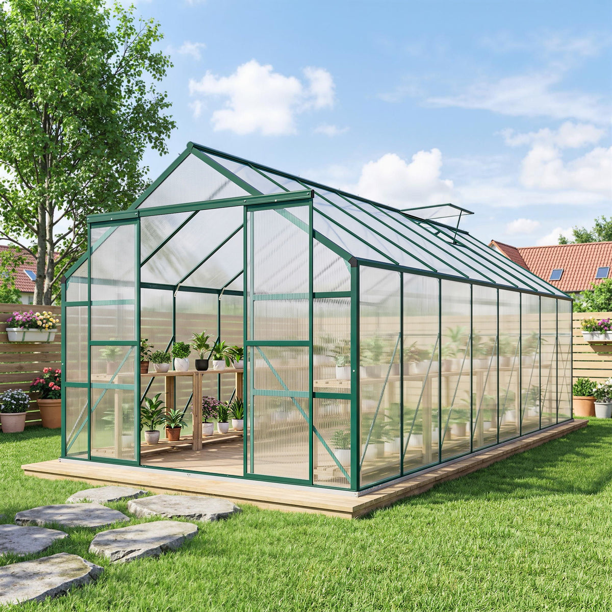 16' x 8' Aluminum Polycarbonate Greenhouse Walk-in Garden Greenhouse Kit with Adjustable Roof Vent, Rain Gutter and Sliding Door for Winter, Green