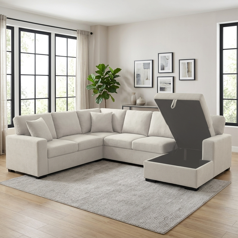 Hailey sectional with the storage chaise open in a bright modern living room